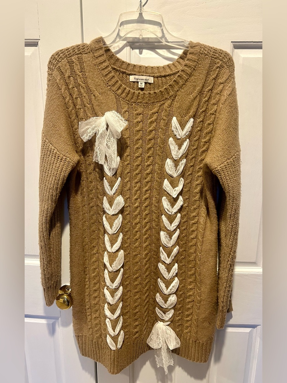 Francesca's Collections Camel Cable Knit Sweater Dress with Lace Braid Detail